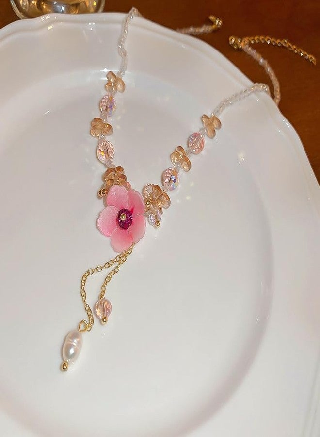 Cykdohy Cute Pink Flower Pendant Transparent Crystal Beads Choker Necklace for Women Sweet Dainty Handmade Adjustable Rhinestone Beaded Chain Necklaces Fairy Y2k Pearl Tassel Charm Summer Beach Jewelry - Image 3